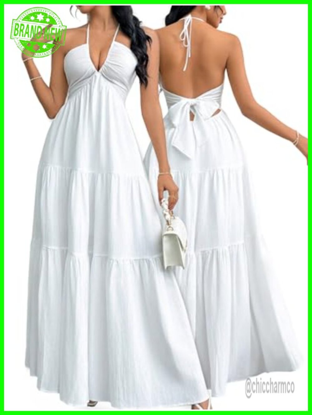 Women's Maxi Halter V Neck A-Line Summer Beach Dress Sleeveless